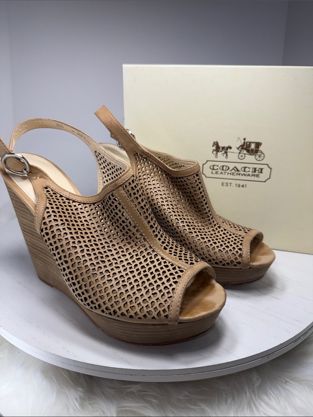 Coach Tan Perforated Leather Slingback Wedge Sandals